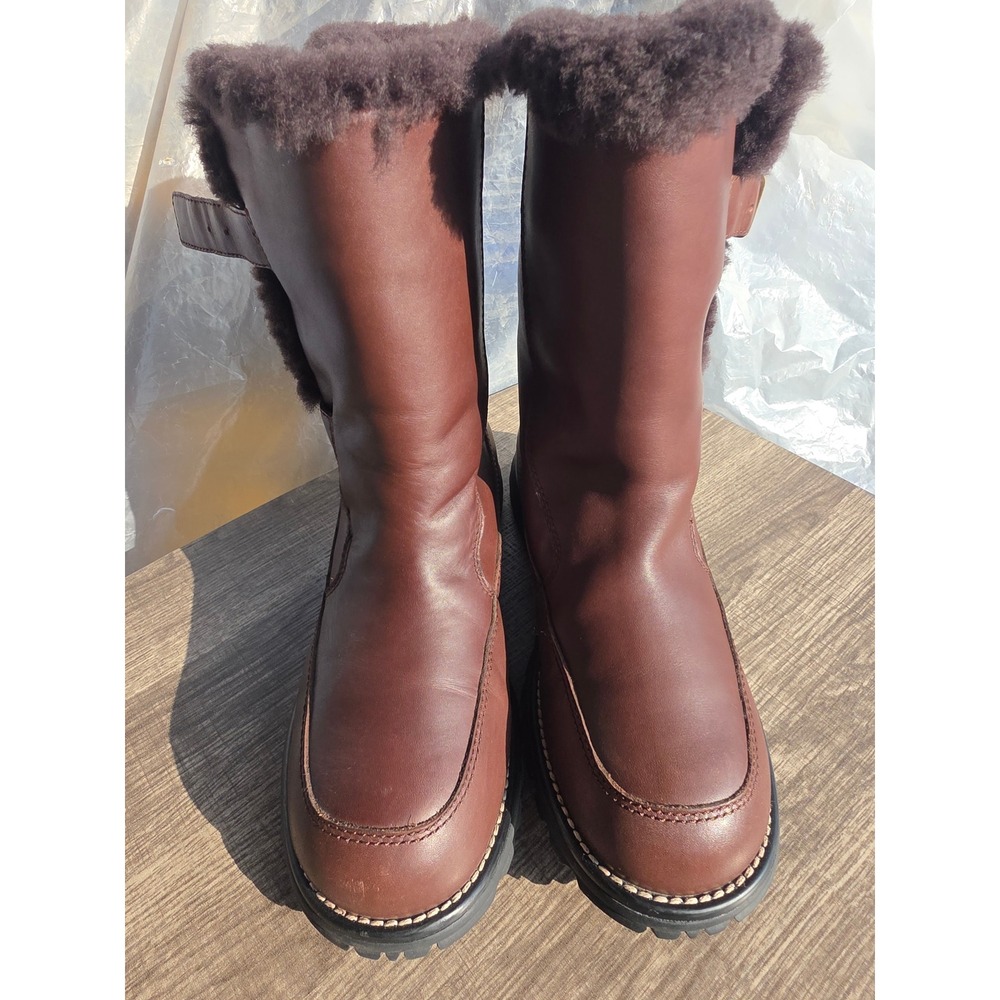1118 UGG Australia Brown Leather Shearling Lined Buckle Mid-Calf Boots Lug Sole